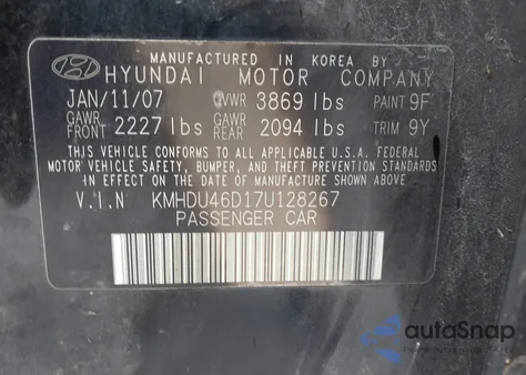 2007 Hyundai Elantra Gls/Limited/Se from USA, damaged, VIN KMHDU46D17U128267